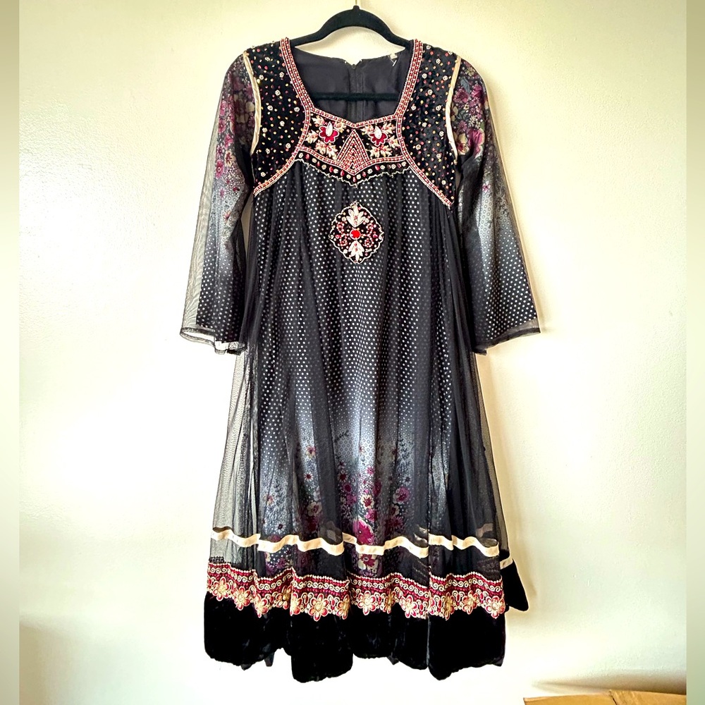 NWT Small Bridgerton Style Black Polka Dot Floral Rose Dress Choli Sari w Ruby